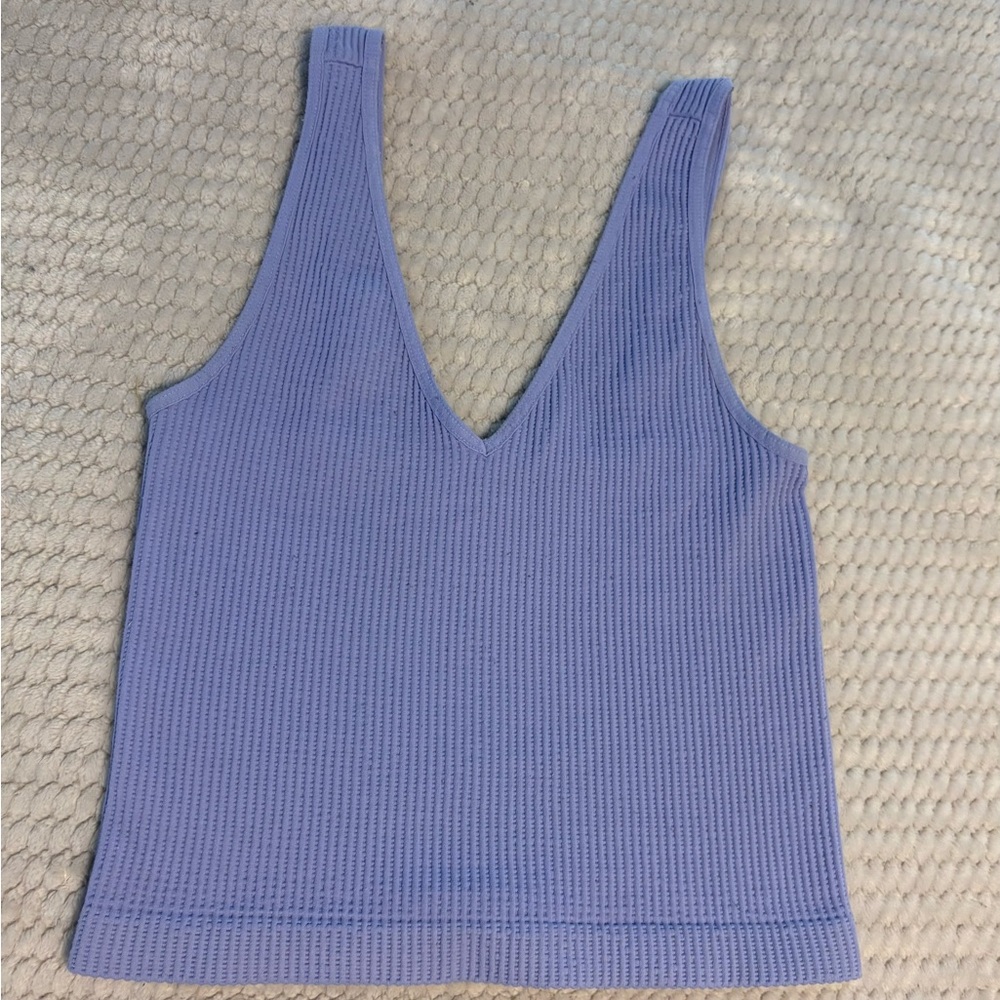 Women's Blue Ribbed V-Neck Top
